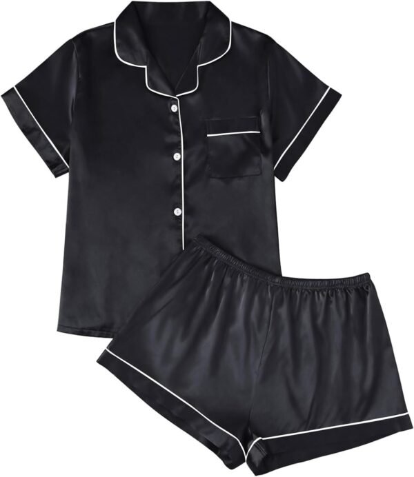 LILLUSORY Silk Satin Pajama Set for Women 2 Piece Lounge Pjs Shorts Matching Summer Sleepwear Button Down Shirt Shorts